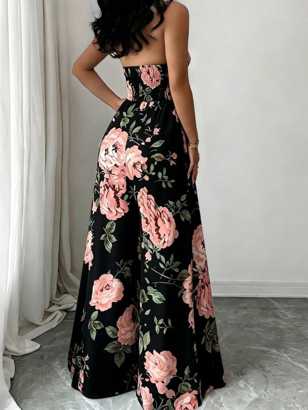 Black Boho Women's Floral Print Halter Backless Wide Leg Waist Halter Jumpsuit - Picture 2 of 2